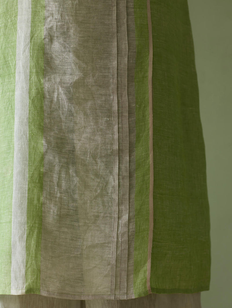Yara Sleeveless Border Linen Kurta-Meadow linen by Manan in green color for women Worldwide