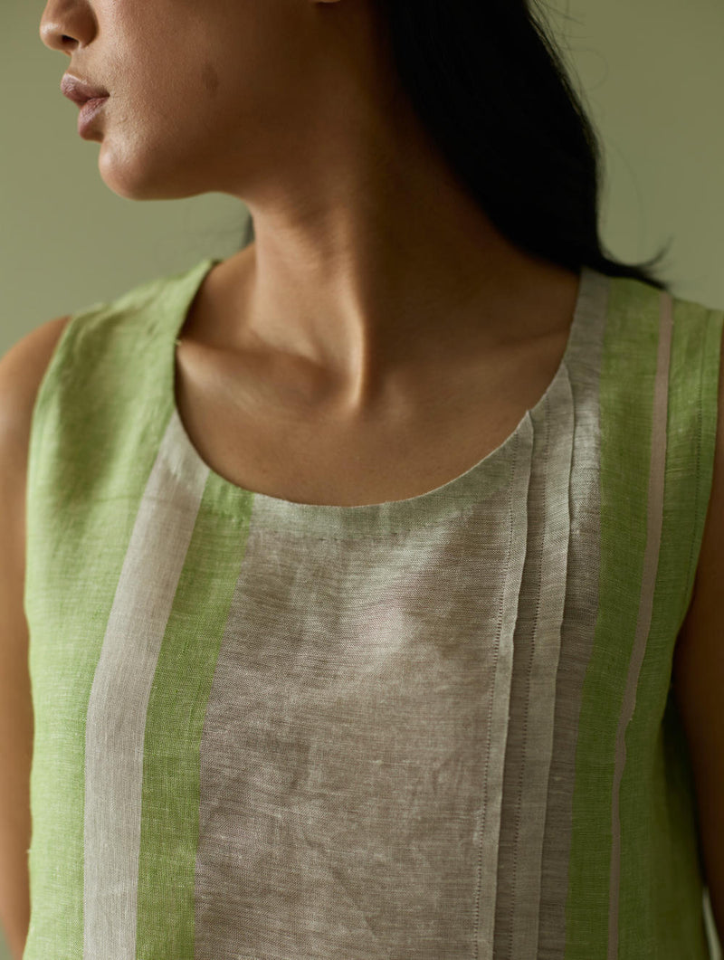 Yara Sleeveless Border Linen Kurta-Meadow linen by Manan in green color for women Worldwide