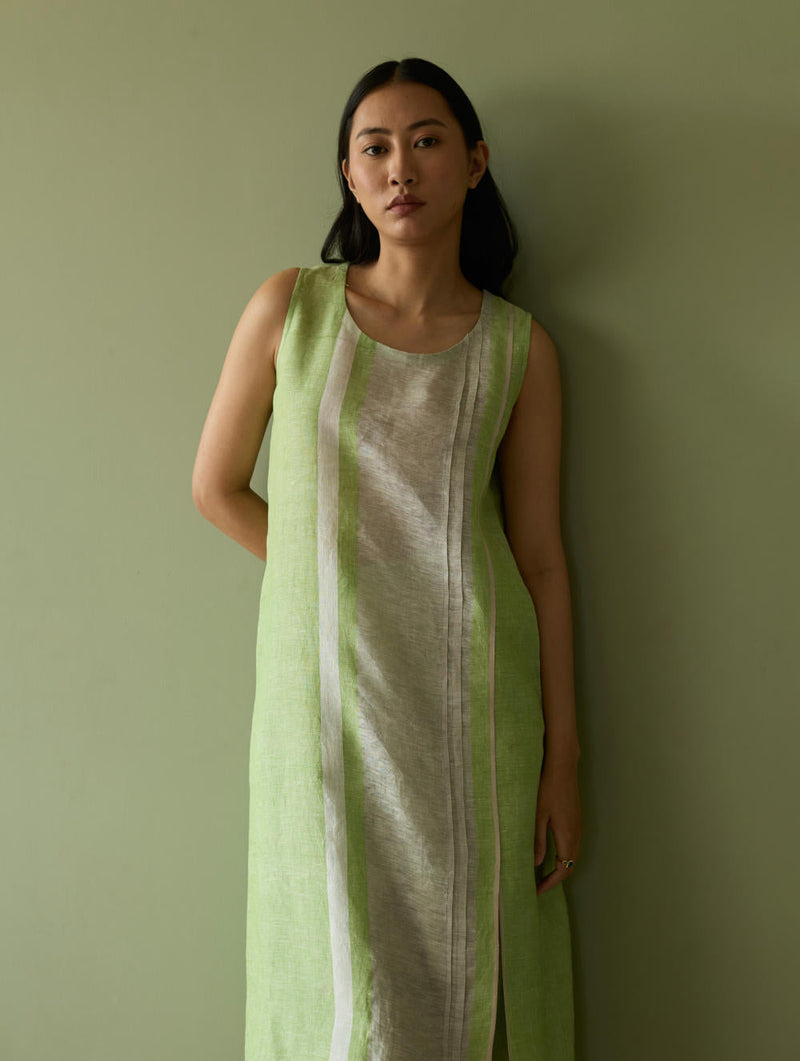 Yara Sleeveless Border Linen Kurta-Meadow linen by Manan in green color for women Worldwide