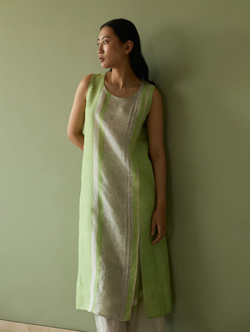 Yara Sleeveless Border Linen Kurta-Meadow linen by Manan in green color for women Worldwide