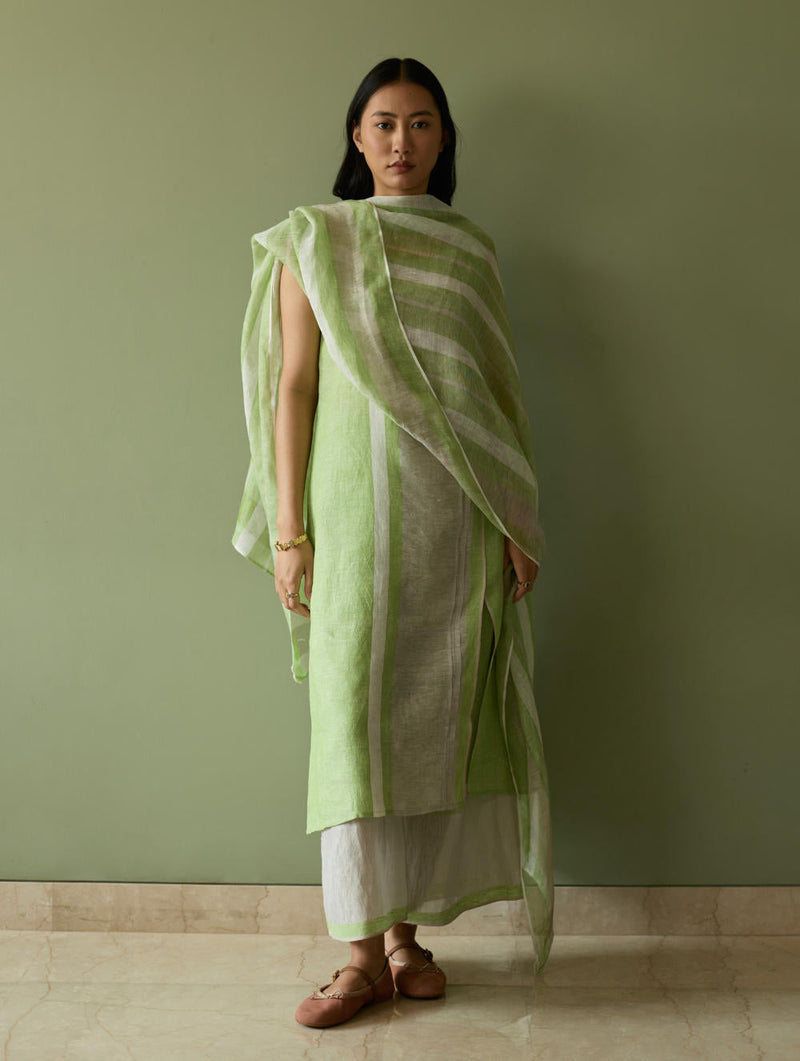 Yara Sleeveless Border Linen Kurta-Meadow linen by Manan in green color for women Worldwide