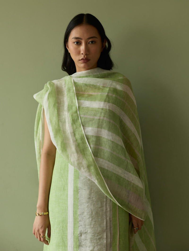 Yara Sleeveless Border Linen Kurta-Meadow linen by Manan in green color for women Worldwide