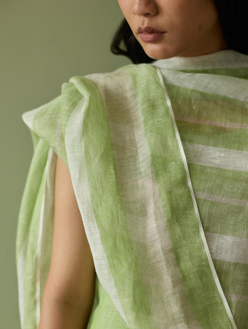 Yara Sleeveless Border Linen Kurta-Meadow linen by Manan in green color for women Worldwide