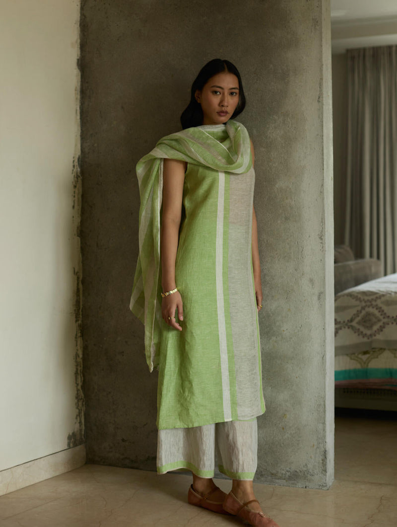 Yara Sleeveless Border Linen Kurta-Meadow linen by Manan in green color for women Worldwide