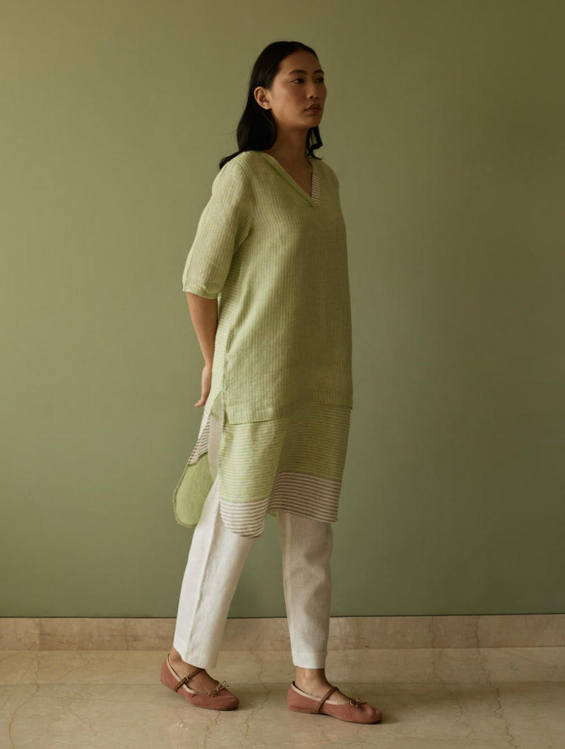 Jira Pleated Stripe Linen Kurta-Meadow linen by Manan in green color for women Worldwide