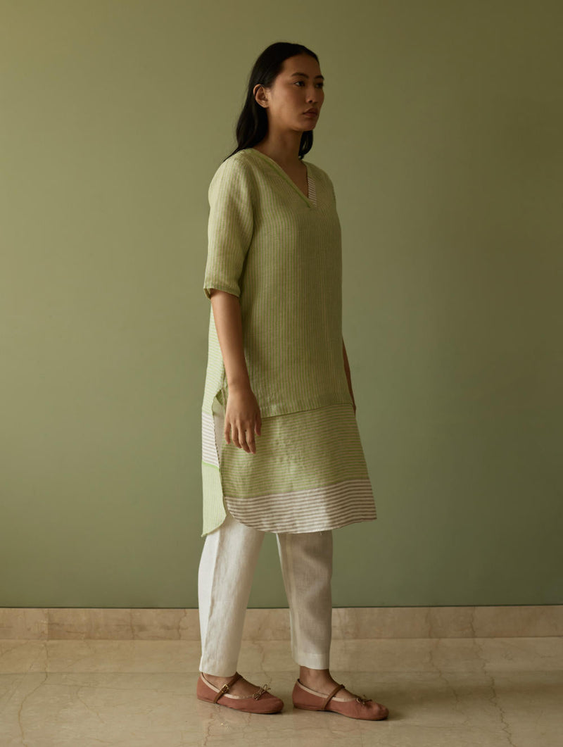 Jira Pleated Stripe Linen Kurta-Meadow linen by Manan in green color for women Worldwide
