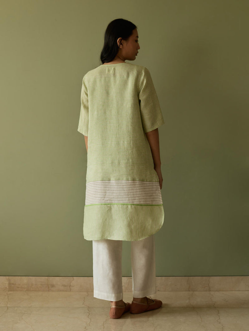 Jira Pleated Stripe Linen Kurta-Meadow linen by Manan in green color for women Worldwide