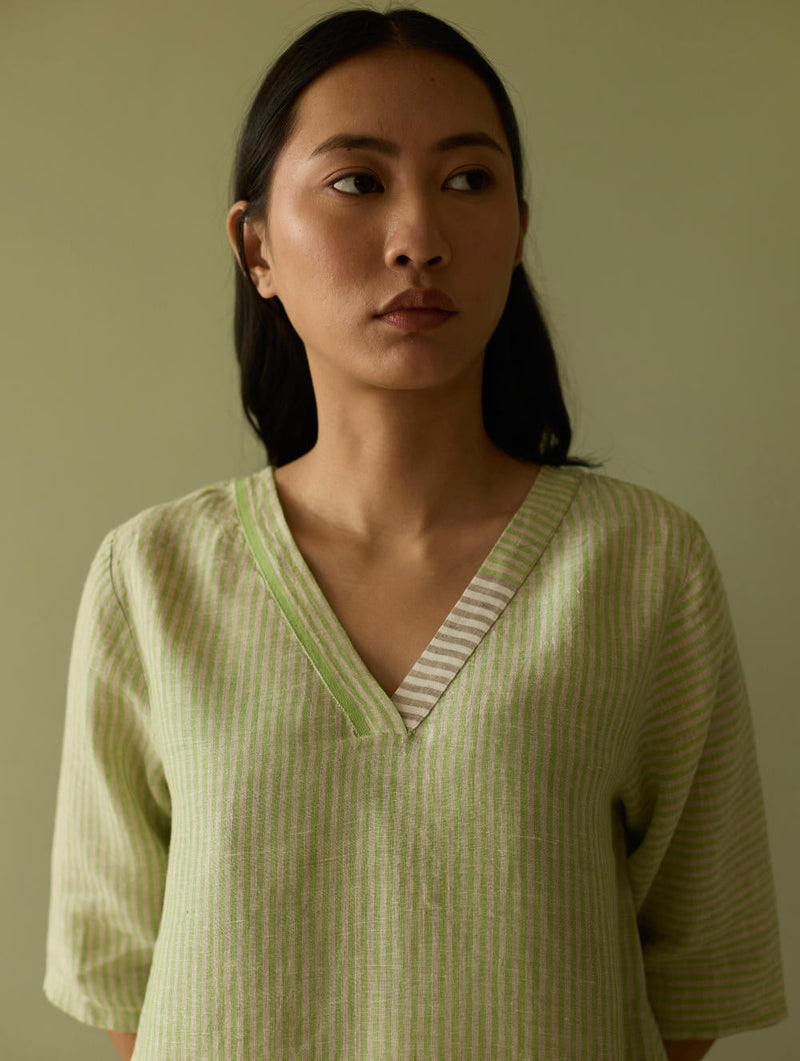 Jira Pleated Stripe Linen Kurta-Meadow linen by Manan in green color for women Worldwide