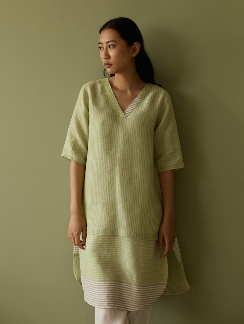 Jira Pleated Stripe Linen Kurta-Meadow linen by Manan in green color for women Worldwide