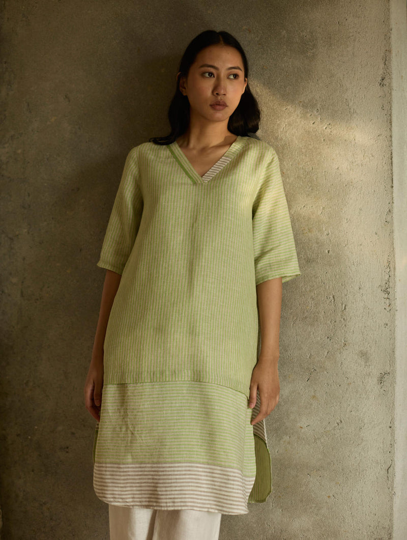 Jira Pleated Stripe Linen Kurta-Meadow linen by Manan in green color for women Worldwide