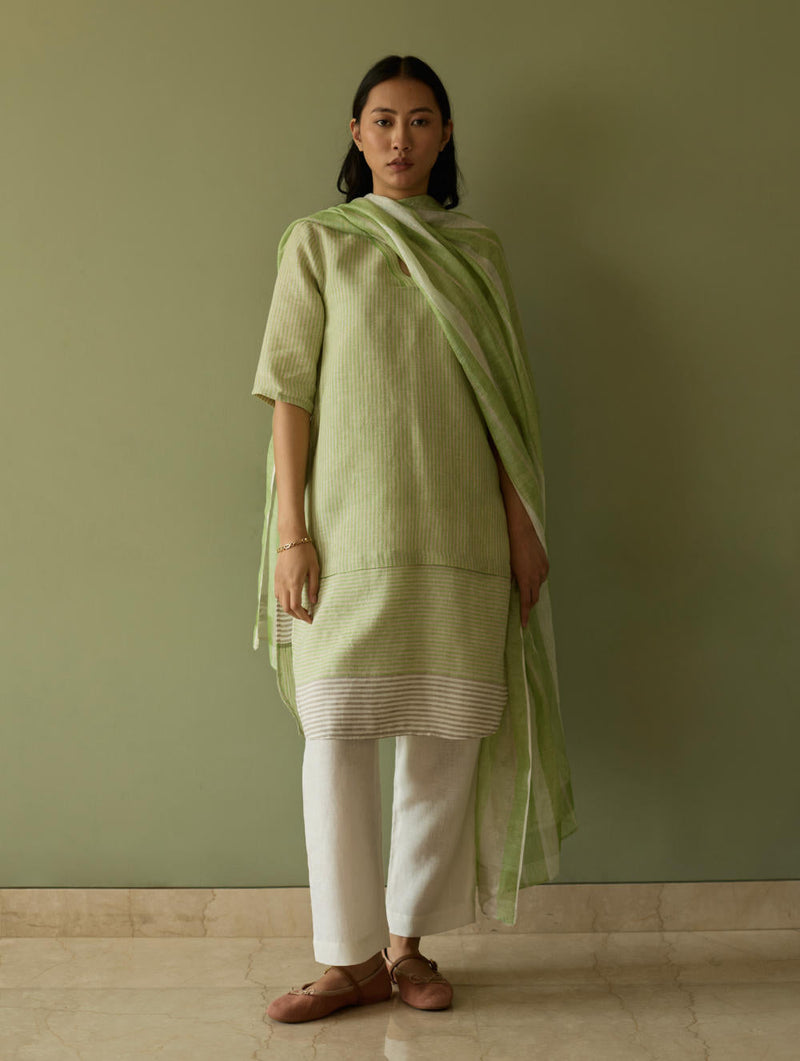 Jira Pleated Stripe Linen Kurta-Meadow linen by Manan in green color for women Worldwide