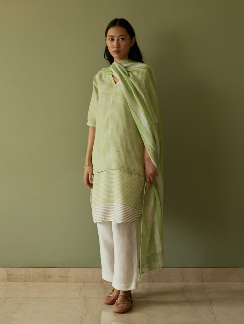 Jira Pleated Stripe Linen Kurta-Meadow linen by Manan in green color for women Worldwide