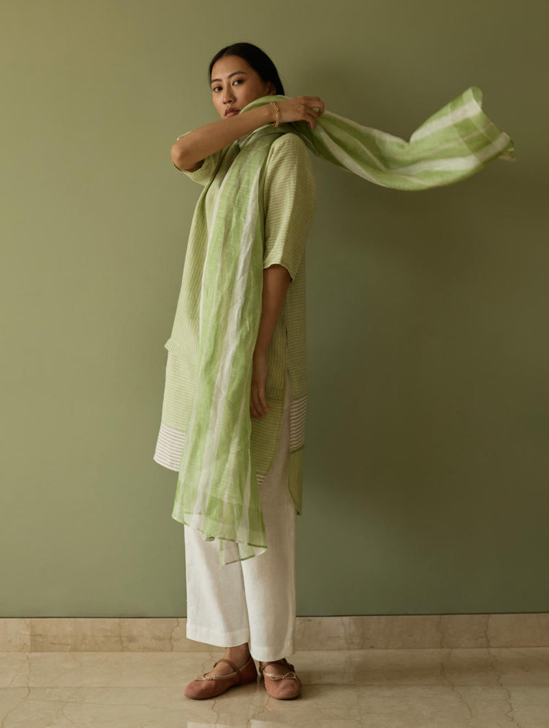 Jira Pleated Stripe Linen Kurta-Meadow linen by Manan in green color for women Worldwide