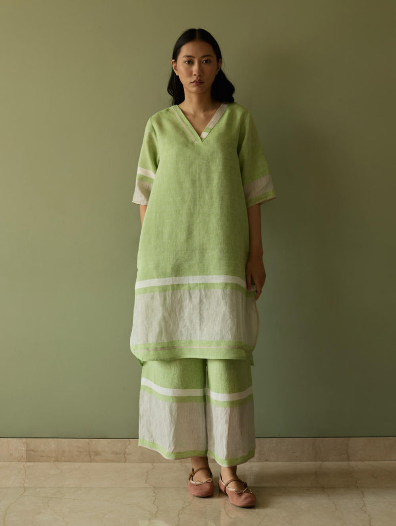 Iva Pleated Border Linen Kurta-Meadow linen by Manan in green color for women Worldwide