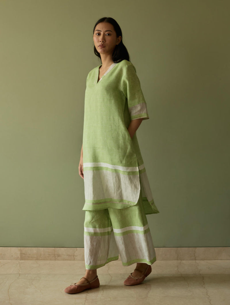 Iva Pleated Border Linen Kurta-Meadow linen by Manan in green color for women Worldwide