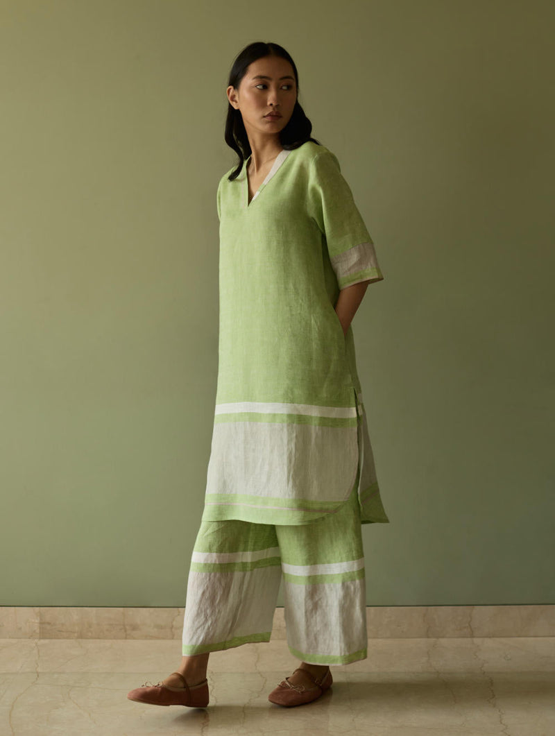 Iva Pleated Border Linen Kurta-Meadow linen by Manan in green color for women Worldwide