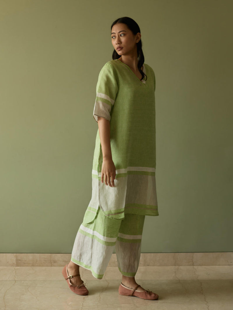 Iva Pleated Border Linen Kurta-Meadow linen by Manan in green color for women Worldwide