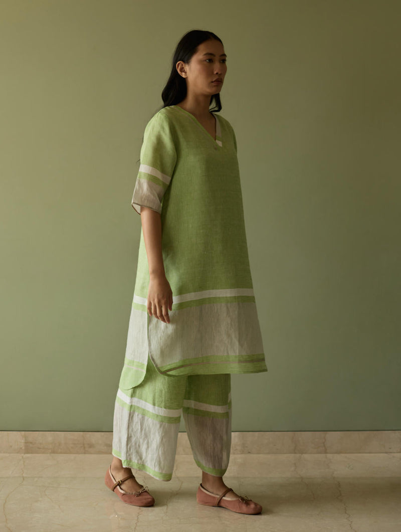 Iva Pleated Border Linen Kurta-Meadow linen by Manan in green color for women Worldwide