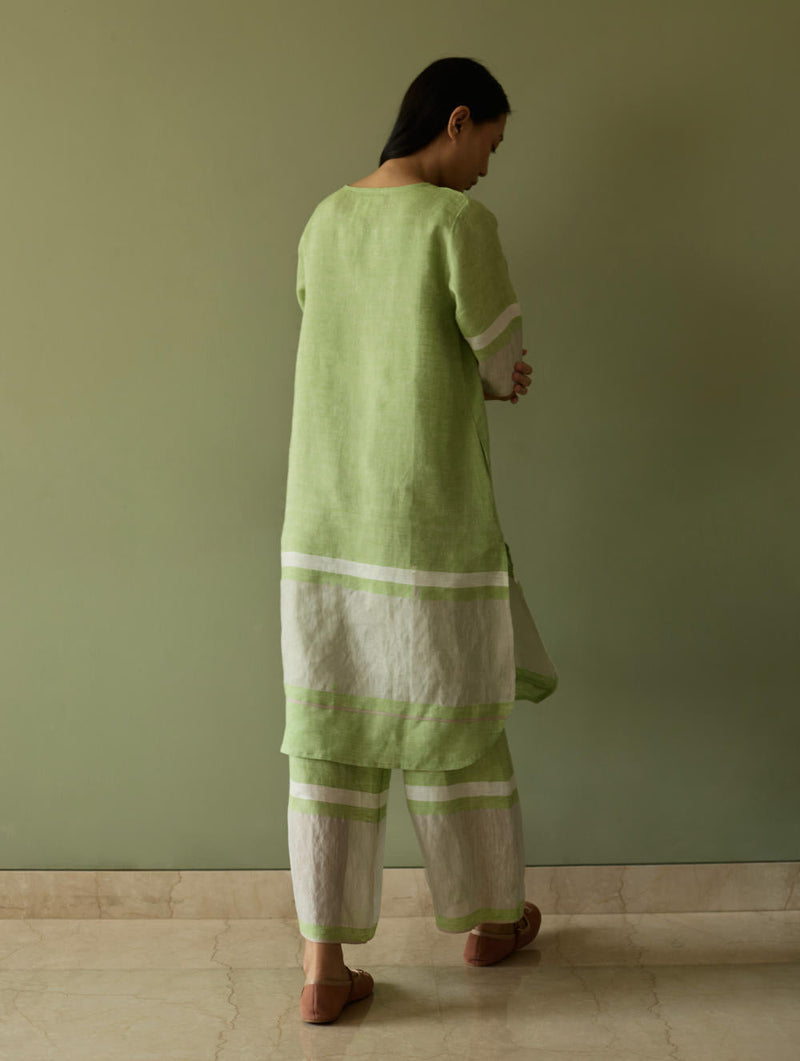 Iva Pleated Border Linen Kurta-Meadow linen by Manan in green color for women Worldwide