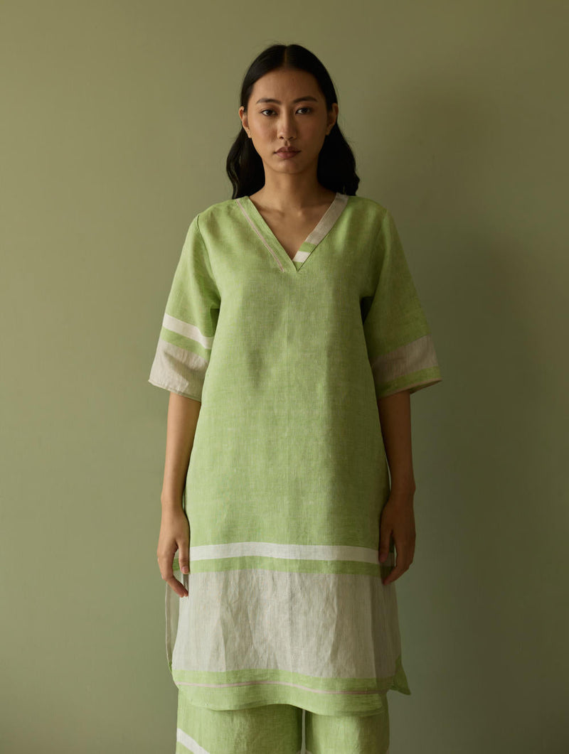 Iva Pleated Border Linen Kurta-Meadow linen by Manan in green color for women Worldwide