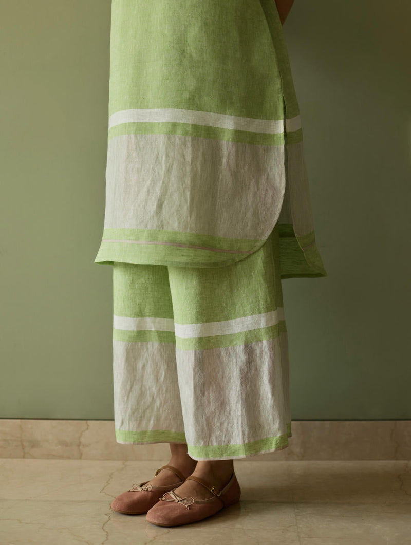 Iva Pleated Border Linen Kurta-Meadow linen by Manan in green color for women Worldwide