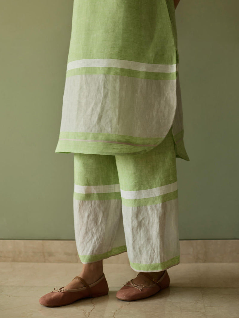 Iva Pleated Border Linen Kurta-Meadow linen by Manan in green color for women Worldwide