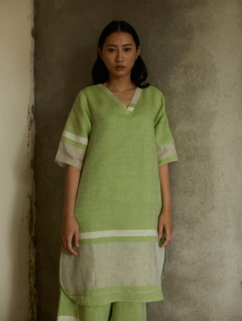 Iva Pleated Border Linen Kurta-Meadow linen by Manan in green color for women Worldwide