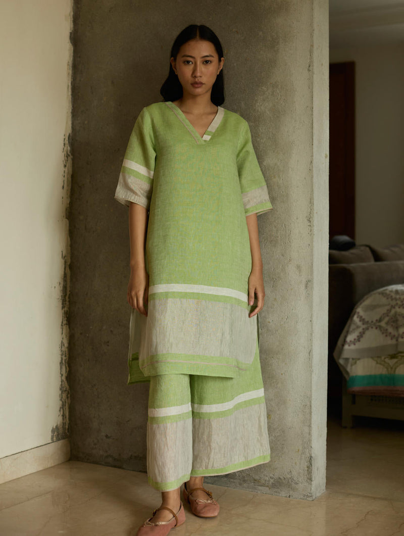Iva Pleated Border Linen Kurta-Meadow linen by Manan in green color for women Worldwide