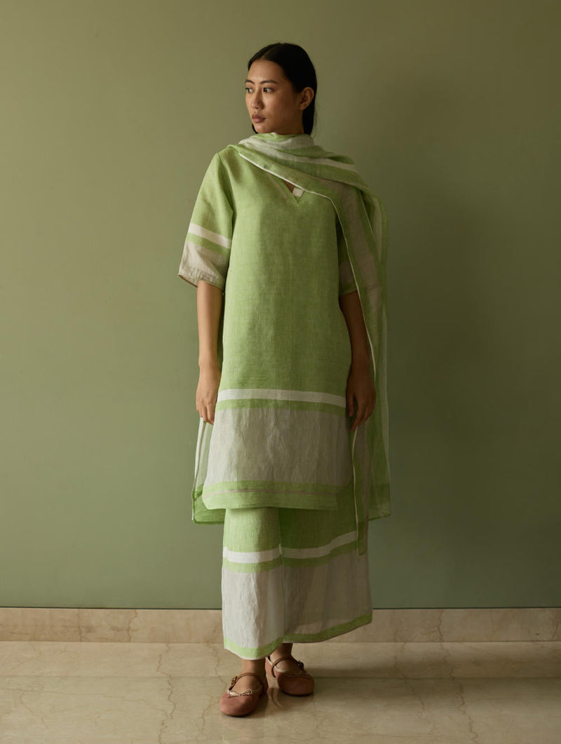 Iva Pleated Border Linen Kurta-Meadow linen by Manan in green color for women Worldwide