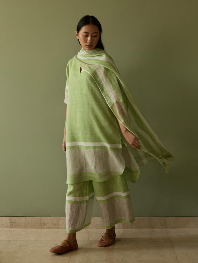 Iva Pleated Border Linen Kurta-Meadow linen by Manan in green color for women Worldwide