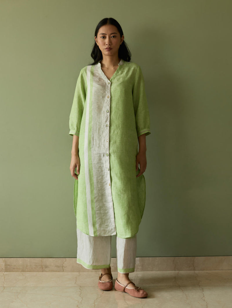 Mori Border Linen Shirt Kurta-Meadow linen by Manan in green color for women Worldwide