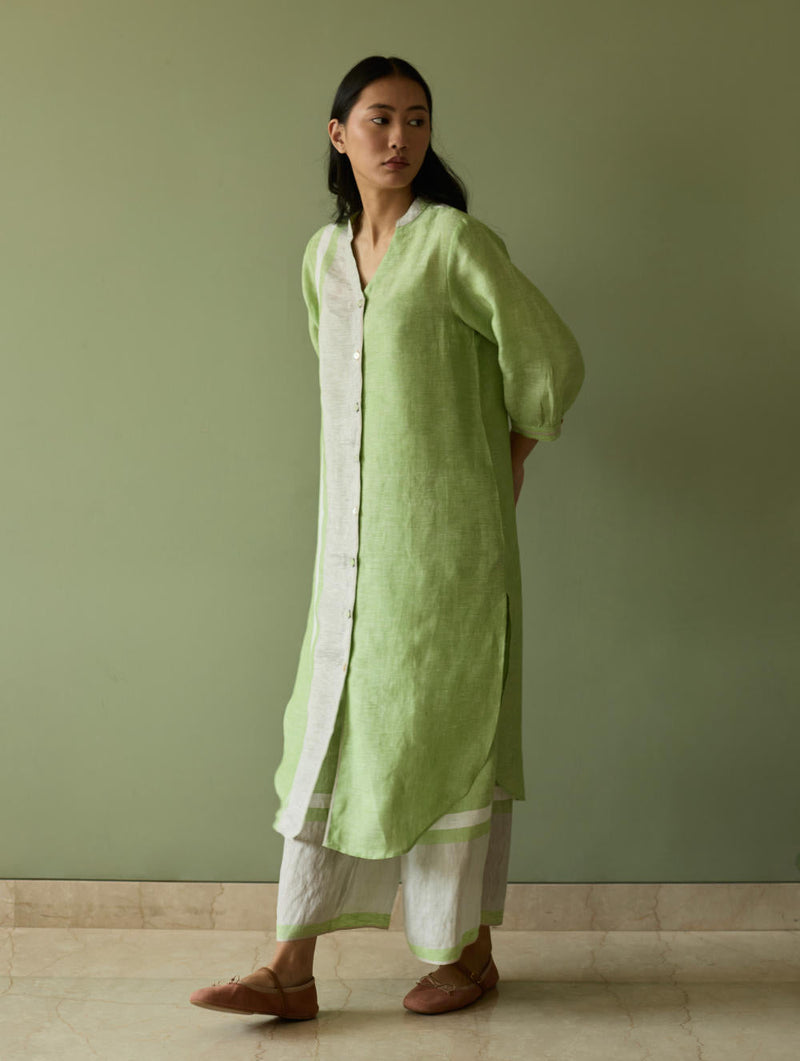 Mori Border Linen Shirt Kurta-Meadow linen by Manan in green color for women Worldwide