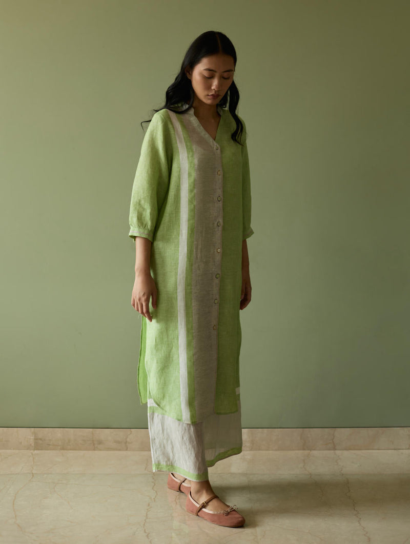Mori Border Linen Shirt Kurta-Meadow linen by Manan in green color for women Worldwide