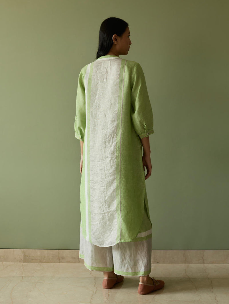 Mori Border Linen Shirt Kurta-Meadow linen by Manan in green color for women Worldwide