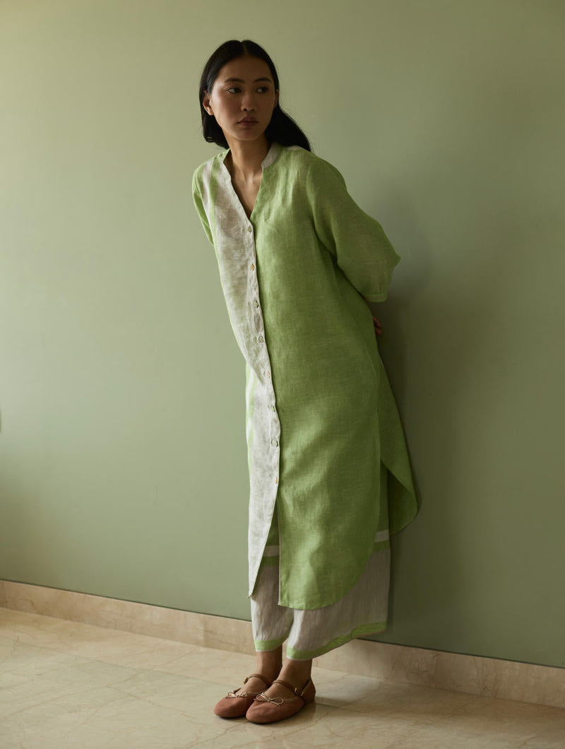 Mori Border Linen Shirt Kurta-Meadow linen by Manan in green color for women Worldwide