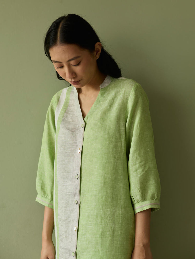 Mori Border Linen Shirt Kurta-Meadow linen by Manan in green color for women Worldwide