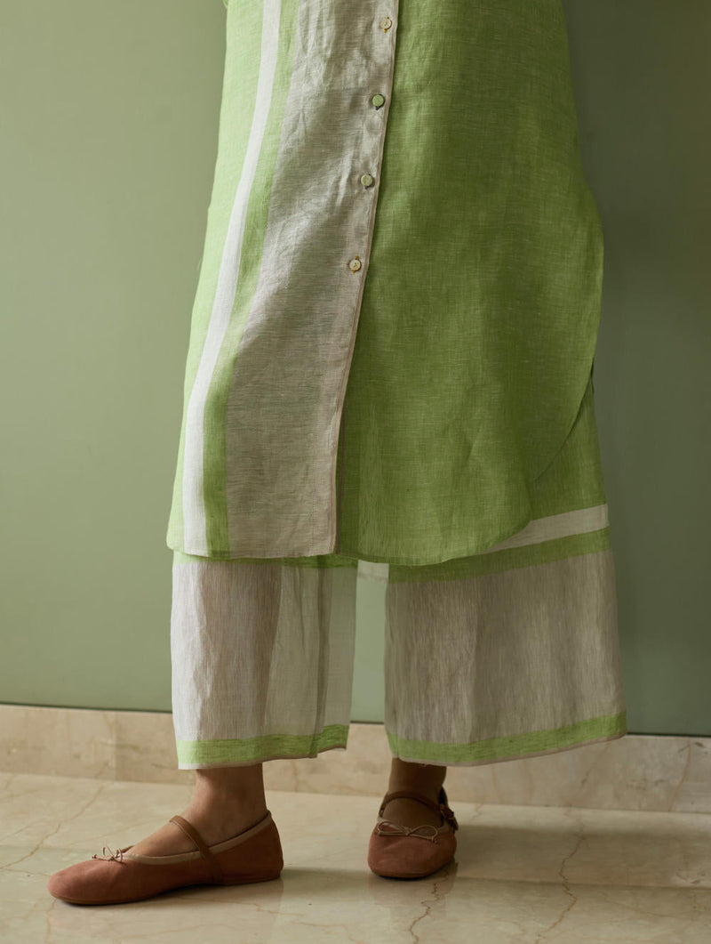 Mori Border Linen Shirt Kurta-Meadow linen by Manan in green color for women Worldwide