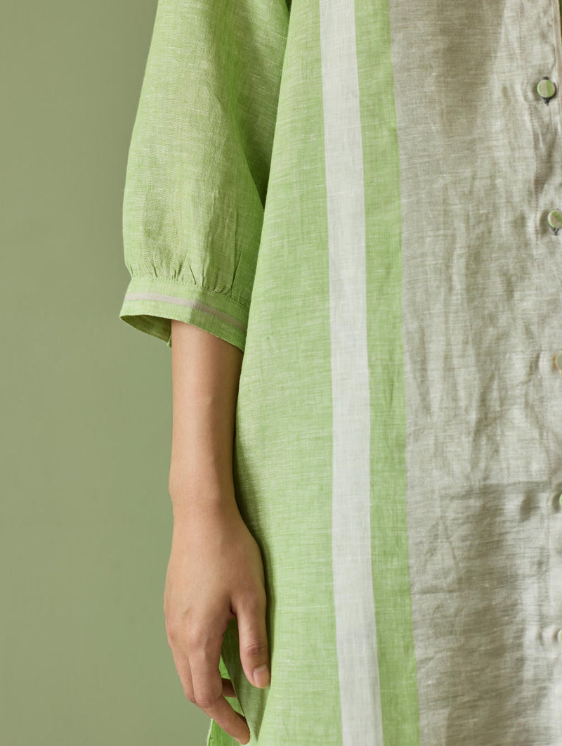 Mori Border Linen Shirt Kurta-Meadow linen by Manan in green color for women Worldwide