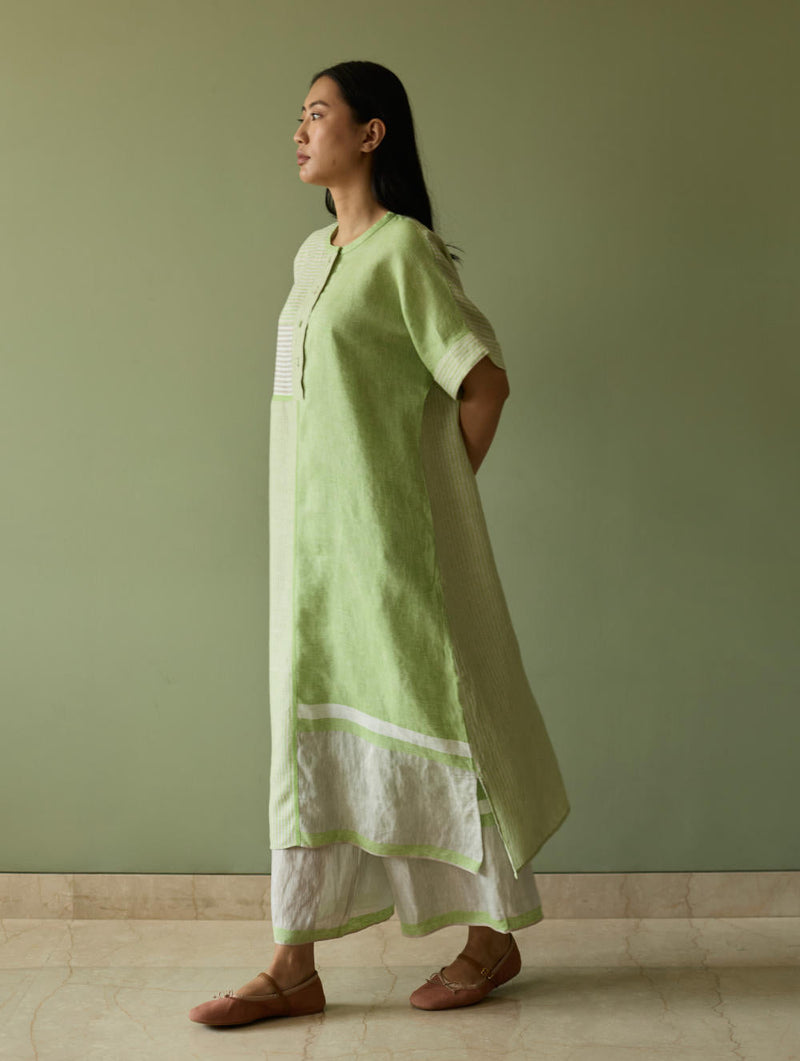 Pira Stripe Linen Tunic Kaftan-Meadow linen by Manan in green color for women Worldwide