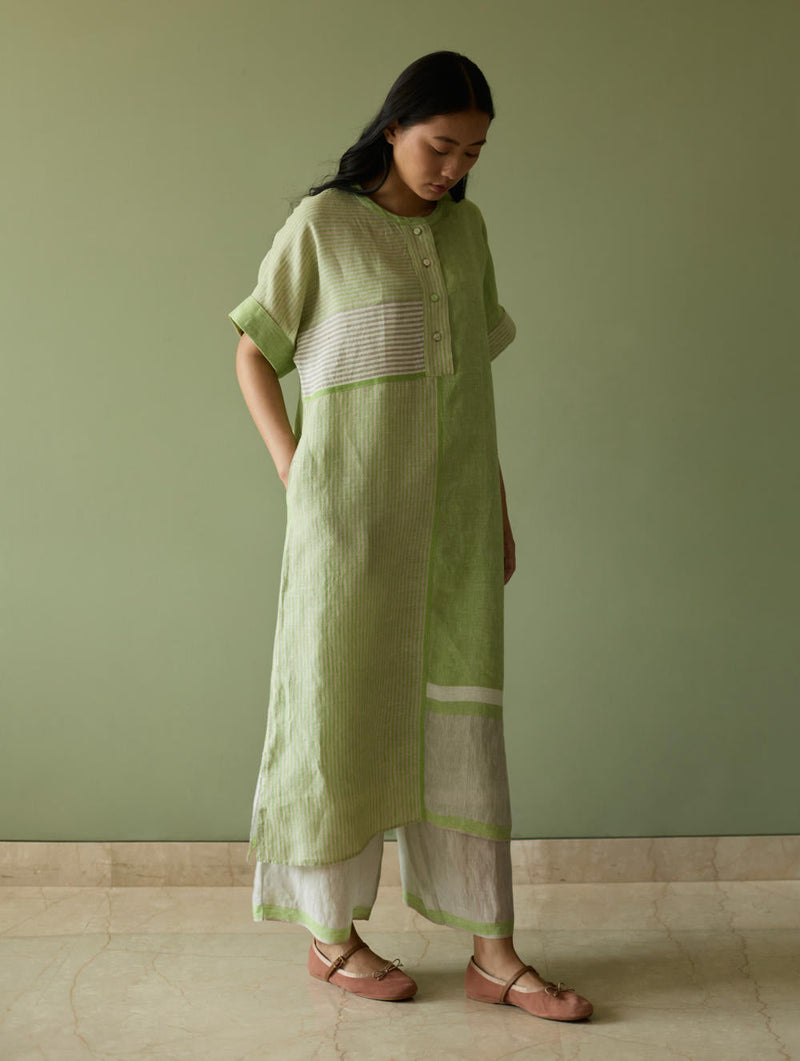 Pira Stripe Linen Tunic Kaftan-Meadow linen by Manan in green color for women Worldwide