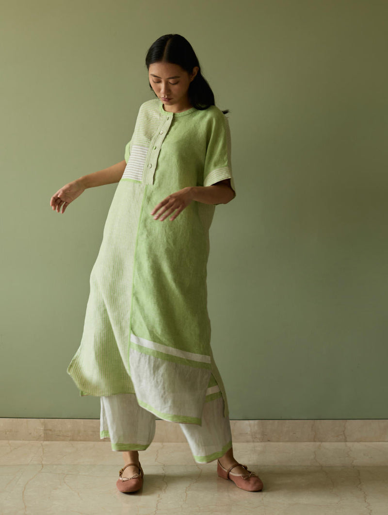 Pira Stripe Linen Tunic Kaftan-Meadow linen by Manan in green color for women Worldwide