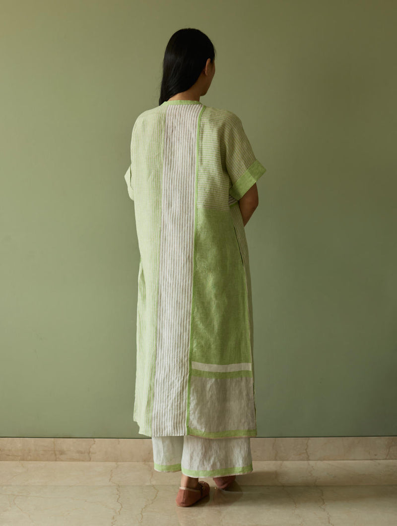 Pira Stripe Linen Tunic Kaftan-Meadow linen by Manan in green color for women Worldwide
