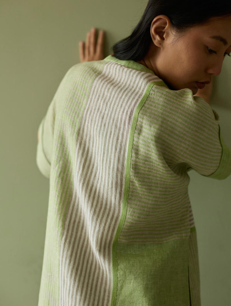Pira Stripe Linen Tunic Kaftan-Meadow linen by Manan in green color for women Worldwide