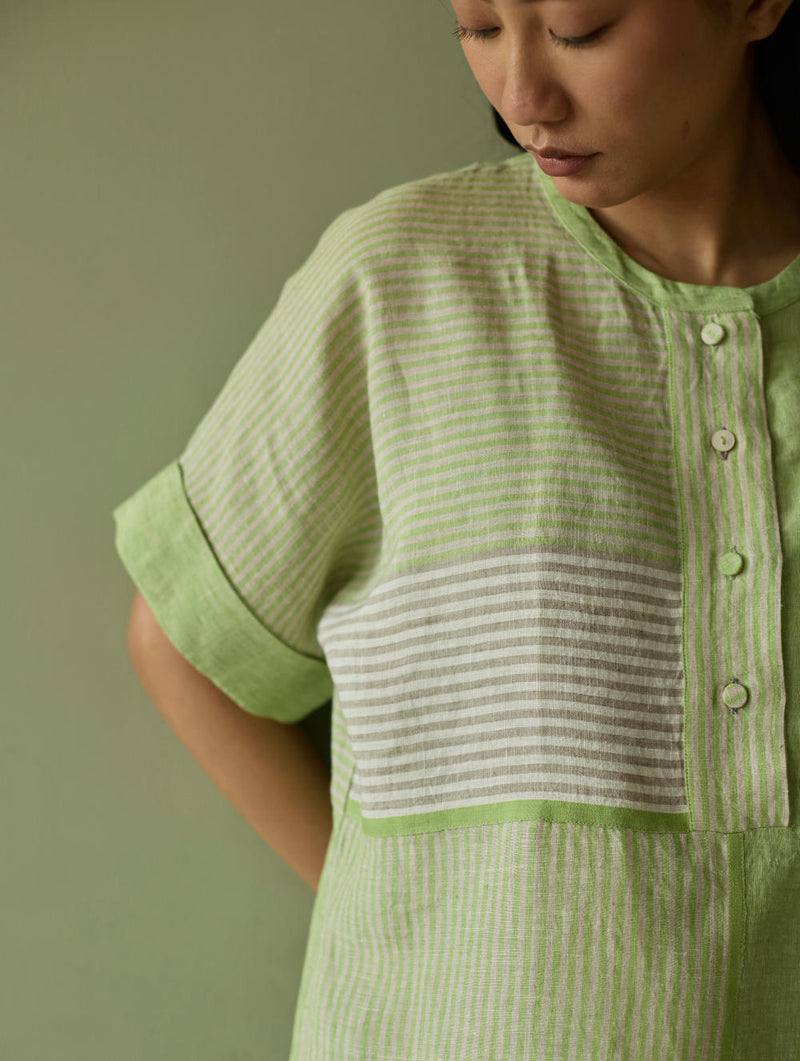 Pira Stripe Linen Tunic Kaftan-Meadow linen by Manan in green color for women Worldwide