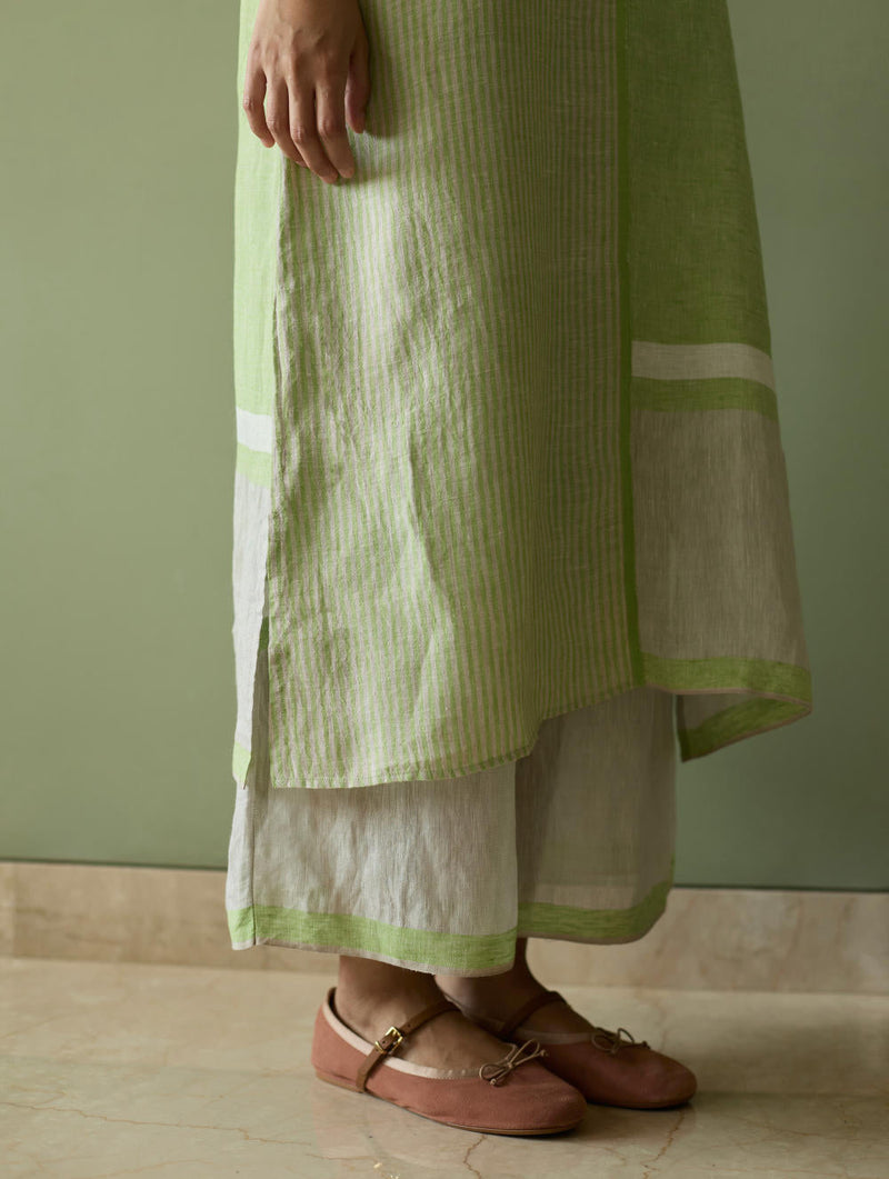 Pira Stripe Linen Tunic Kaftan-Meadow linen by Manan in green color for women Worldwide