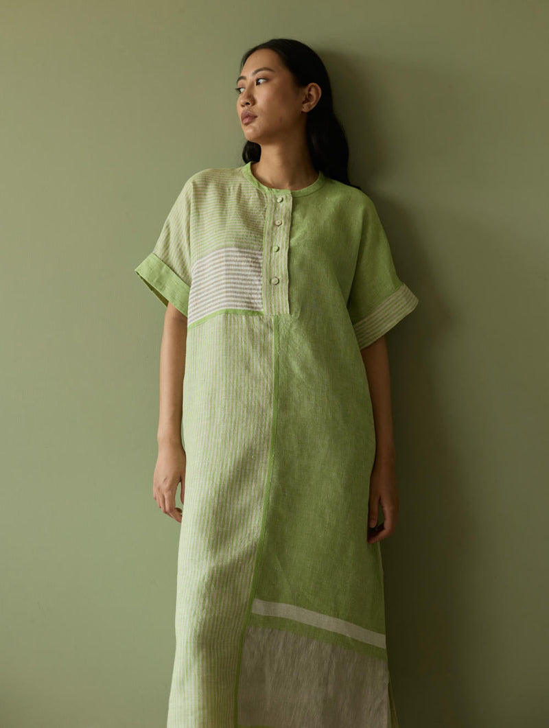 Pira Stripe Linen Tunic Kaftan-Meadow linen by Manan in green color for women Worldwide