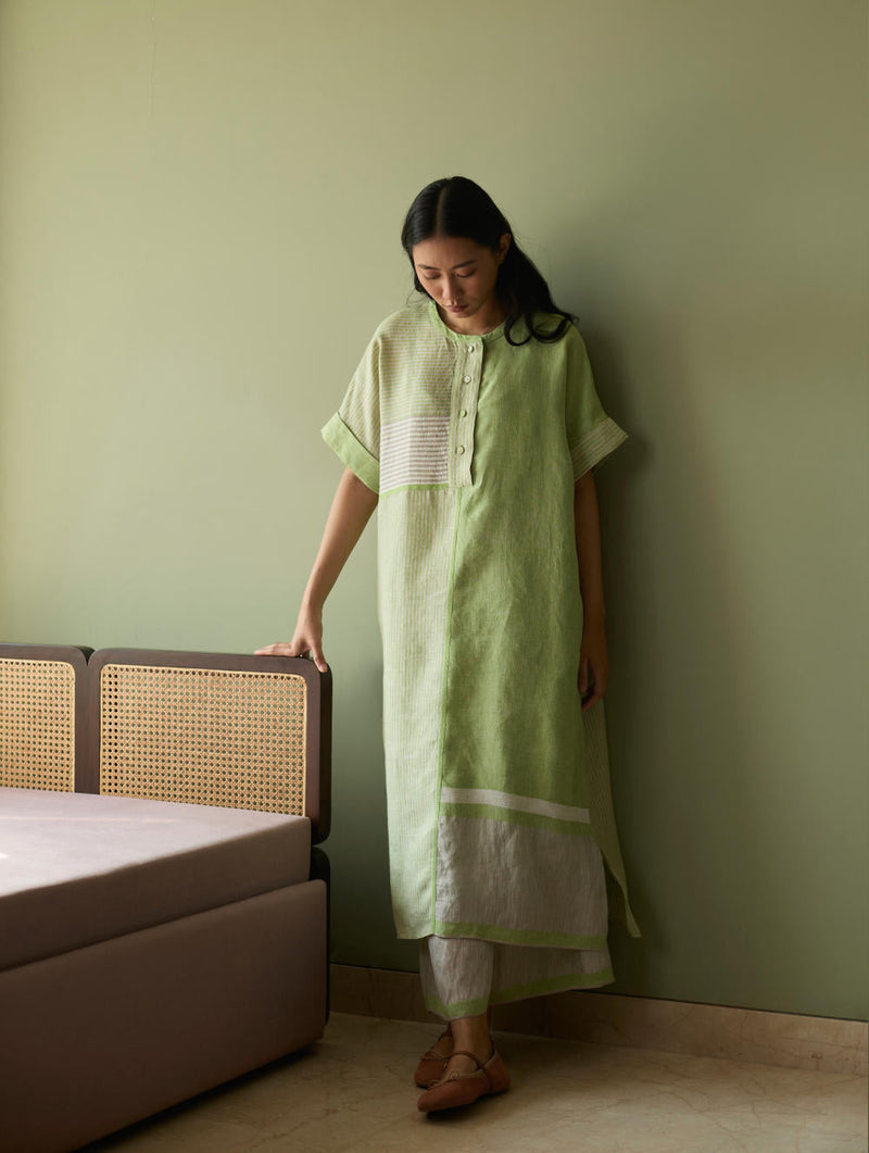 Pira Stripe Linen Tunic Kaftan-Meadow linen by Manan in green color for women Worldwide