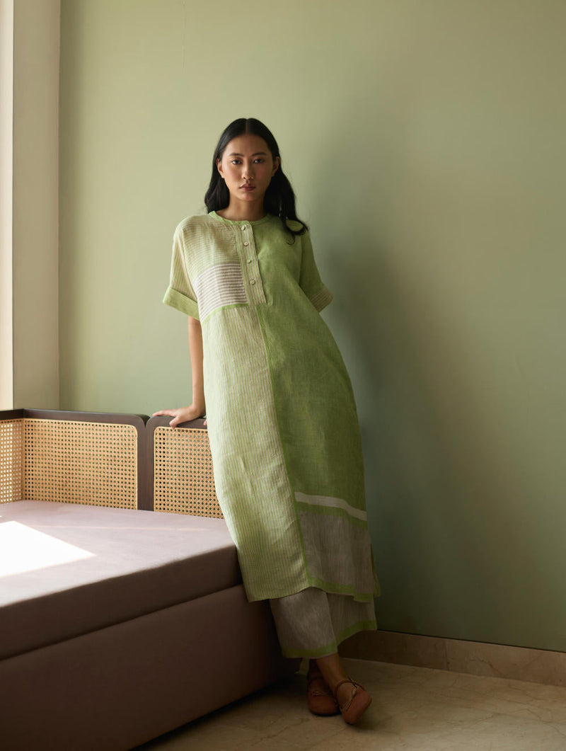 Pira Stripe Linen Tunic Kaftan-Meadow linen by Manan in green color for women Worldwide