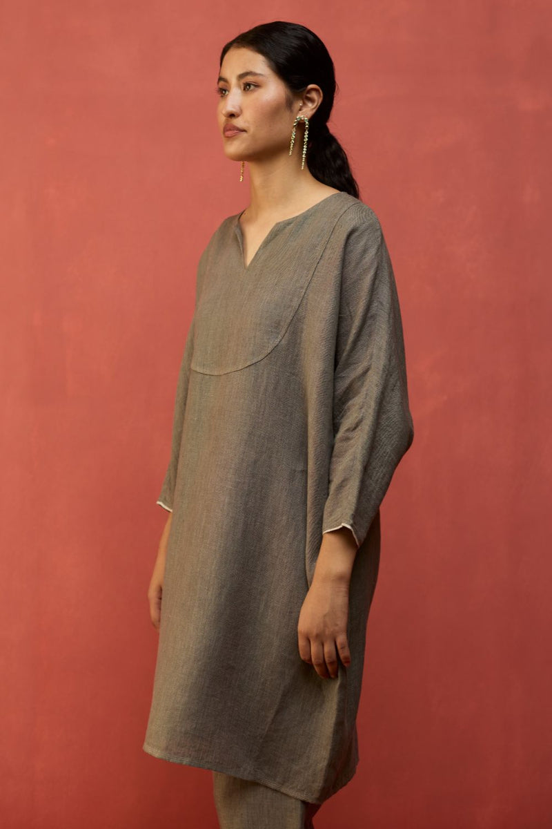 Etsu Yoke Linen Kurta Set - Grey by Manan for Worldwide