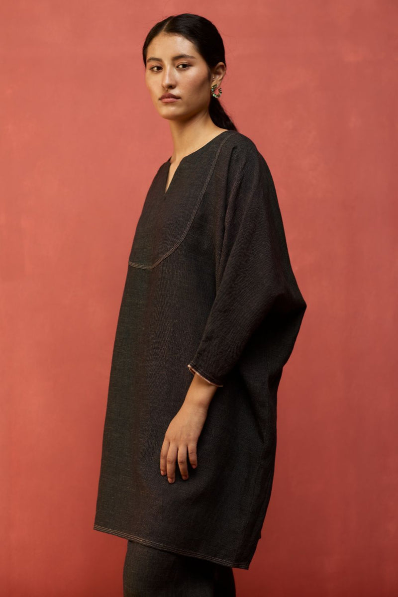 Etsu Yoke Linen Kurta Set - Grey by Manan for Worldwide